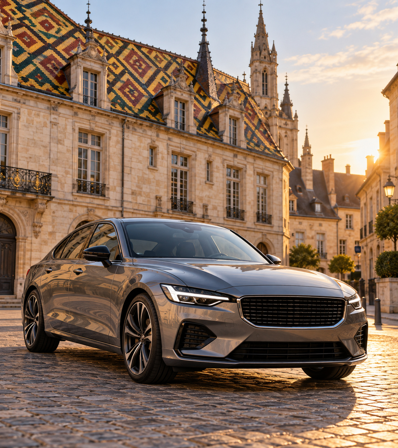voiture propre devant une façade dijonnaise aux toits vernissés